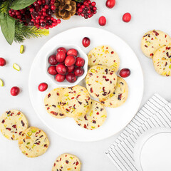 Cranberry Noel cookies. Butter cookies for Christmas with dried cranberries and pistachios.