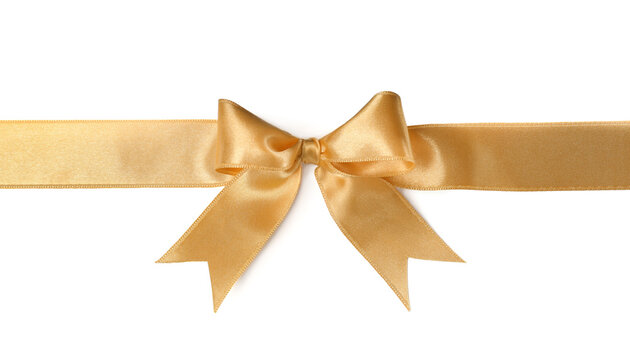 Beautiful golden ribbon with bow isolated on white, top view