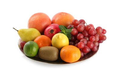 Plate with fresh ripe fruits on white background