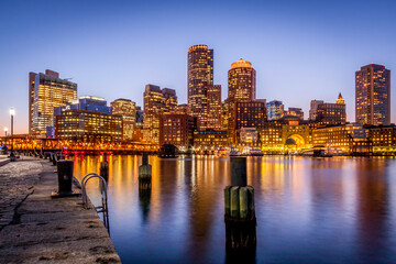 Fototapeta na wymiar View of Boston in Massachusetts, USA at the Boston Harbor and Financial District.