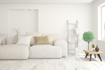 White living room with sofa. Scandinavian interior design. 3D illustration
