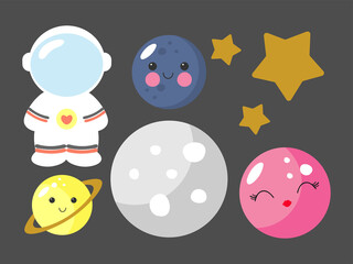 Space collection, cosmic set. Vector illustration isolated in cartoon style . Astronaut, planets, stars. For kids stuff, card, posters, banners, children books and print for clothes, t shirt, icons.