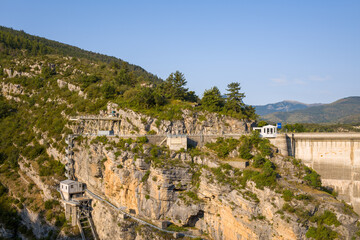 The Barrage de Castillon at the foot of the cliffs in Europe, France, Provence Alpes Cote dAzur, Var, in summer, on a sunny day.