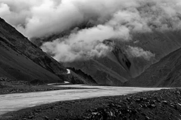 Papier Peint photo Himalaya Highway of Zojila Pass, a high mountain pass between Srinagar and Leh at 11575 ft, 9 Km stretch. Highest Indian National Highway. Black and white image.