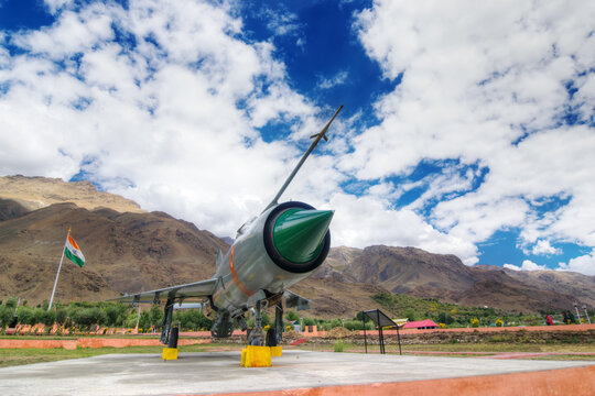 KARGIL, JAMMU AND KASHMIR / INDIA - SEPTEMBER 1ST : A MIG - 21 fighter plane used by Indian Air Force (IAF) in high altitude Kargil war - 1999, Pakistan and India, also called "Operation Vijay",