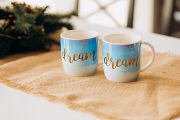 New Year, Christmas Drink. Two mugs. Holiday concept.
