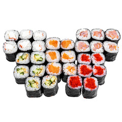 Sushi set on the white background. Closeup of delicious japanese food with sushi roll.