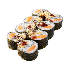 Sushi set on the white background. Closeup of delicious japanese food with sushi roll.