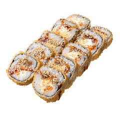 Sushi set on the white background. Closeup of delicious japanese food with sushi roll.