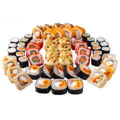 Sushi set on the white background. Closeup of delicious japanese food with sushi roll.