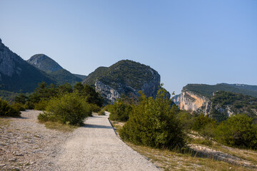 A pebble path in front of the Gorges du Verdon in Europe, France, Provence Alpes Cote dAzur, Var,...
