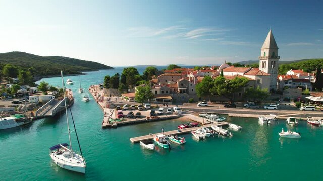 Town of Osor turquoise coast aerial view, bridge between Cres and Mali Losinj islands, Adriatic archpelago of Croatia