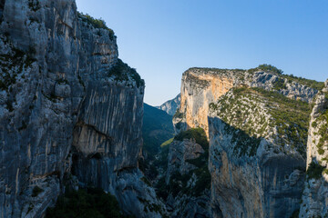 The narrow cliffs in the Gorges du Verdon in Europe, France, Provence Alpes Cote dAzur, in the Var, in the summer on a sunny day.