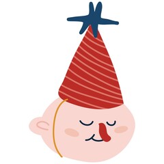 Cute smiley character in birthday hat cone, festive event kids greeting party vector illustration