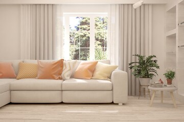 White living room with sofa and summer landscape in window. Scandinavian interior design. 3D illustration