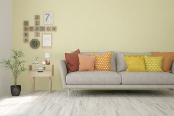 White living room with sofa. Scandinavian interior design. 3D illustration