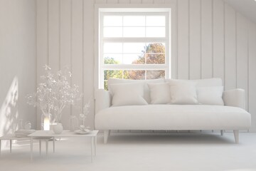 Stylish room in white color with sofa and autumn landscape in window. Scandinavian interior design. 3D illustration