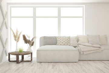 White living room with sofa. Scandinavian interior design. 3D illustration
