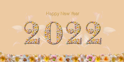 Bonne année 2022 - Lettres remplies de fleurs multicolores,  sur fond dégradé beige clair,  avec une frise de fleurs en bas