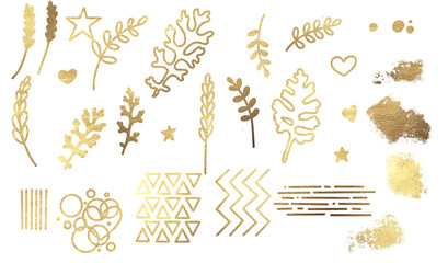 Set of decorative gold elements. Shimmering gold with texture. Composition kit