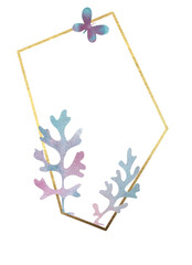 Obraz na płótnie Canvas Gold frame with plants. Sample. Empty gold frame with pink and blue leaves. Substitute your text. Isolated element on white background.