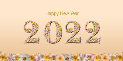 Bonne année 2022 - Lettres remplies de fleurs multicolores,  sur fond dégradé beige clair,  avec une frise de fleurs en bas
