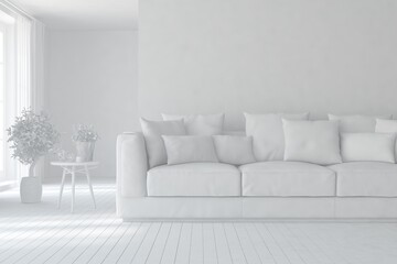 Mock up of minimalist living room in white color with sofa. Scandinavian interior design. 3D illustration