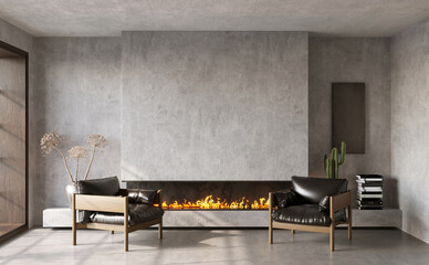 Minimalist living room interior with modern fireplace and concrete walls. Interior mockup, 3d render 