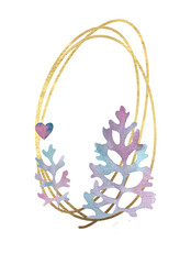 Gold frame with plants. Sample. Empty gold frame with pink and blue leaves. Substitute your text. Isolated element on white background.