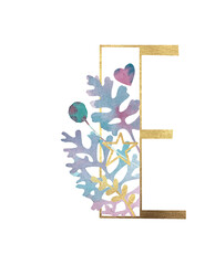 Alphabet. Gold letters with plants. Letter E Latin Alphabet. English. Uppercase letters. Beautiful letters for the beginning of the page