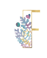 Alphabet. Gold letters with plants. Letter F Latin Alphabet. English. Uppercase letters. Beautiful letters for the beginning of the page