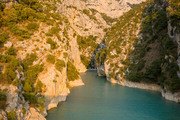 Fototapeta na wymiar The entrance to the Gorges du Verdon at sunset in Europe, in France, Provence Alpes Cote dAzur, in the Var, in summer.