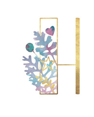 Alphabet. Gold letters with plants. Letter H Latin Alphabet. English. Uppercase letters. Beautiful letters for the beginning of the page