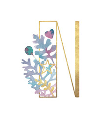 Alphabet. Gold letters with plants. Letter N Latin Alphabet. English. Uppercase letters. Beautiful letters for the beginning of the page