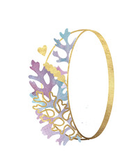 Alphabet. Gold letters with plants. Letter O Latin Alphabet. English. Uppercase letters. Beautiful letters for the beginning of the page