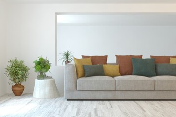 White living room with sofa. Scandinavian interior design. 3D illustration