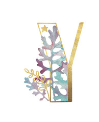 Alphabet. Gold letters with plants. Letter Y Latin Alphabet. English. Uppercase letters. Beautiful letters for the beginning of the page
