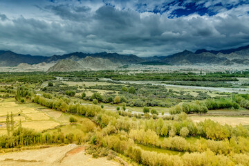Naklejka premium Aerial view of Leh City, green landscape with ice peaks , blue sky with clouds in background , Ladakh, Jammu and Kashmir, India.