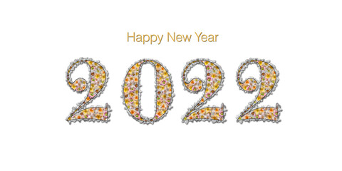 Bonne année 2022 - Lettres remplies de fleurs multicolores, entourées de fleurs détourées sur fond blanc