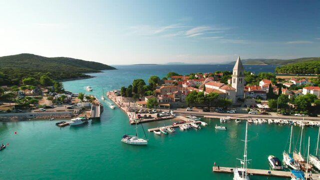 Town of Osor turquoise coast aerial view, bridge between Cres and Mali Losinj islands, Adriatic archpelago of Croatia