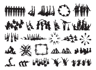 Collection of black silhouettes of people practicing synchronized swimming. Swimmers shadows in the water.
