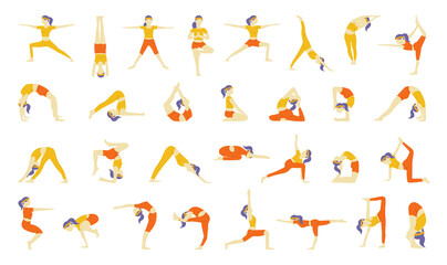 Collection of yoga poses. Illustrations of a girl doing yoga and stretching in a flat style.
