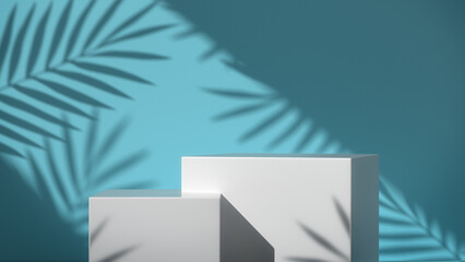 White pedestal display stand for product show with trees shadow on wall. 3D rendering.