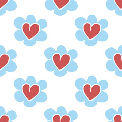 Blue chamomile pattern with hearts on white background. 