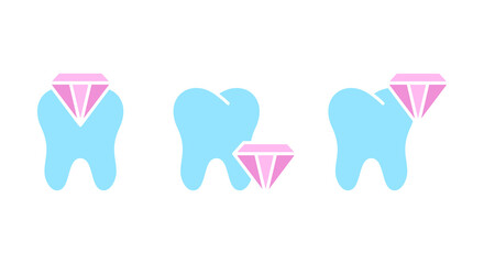 Enamel protection, silhouette icons set. Color simple vector of strengthening teeth. Tooth with diamond. Contour isolated pictogram on white background