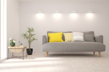 Modern living room in white color with sofa. Scandinavian interior design. 3D illustration