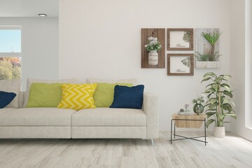 Stylish room in white color with sofa and autumn landscape in window. Scandinavian interior design. 3D illustration