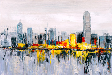 Oil Painting - Victoria Harbor, Hong Kong - obrazy, fototapety, plakaty