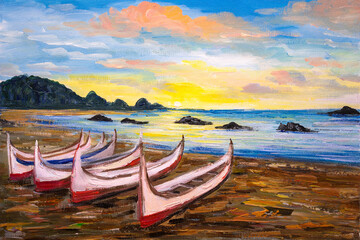 Fototapeta na wymiar Oil Painting - Aboriginal canoe at sunrise, In Lanyu(Orchid Island), Taitung, Taiwan