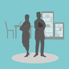 The Illustration of silhouettes of female and male doctors in a medical office